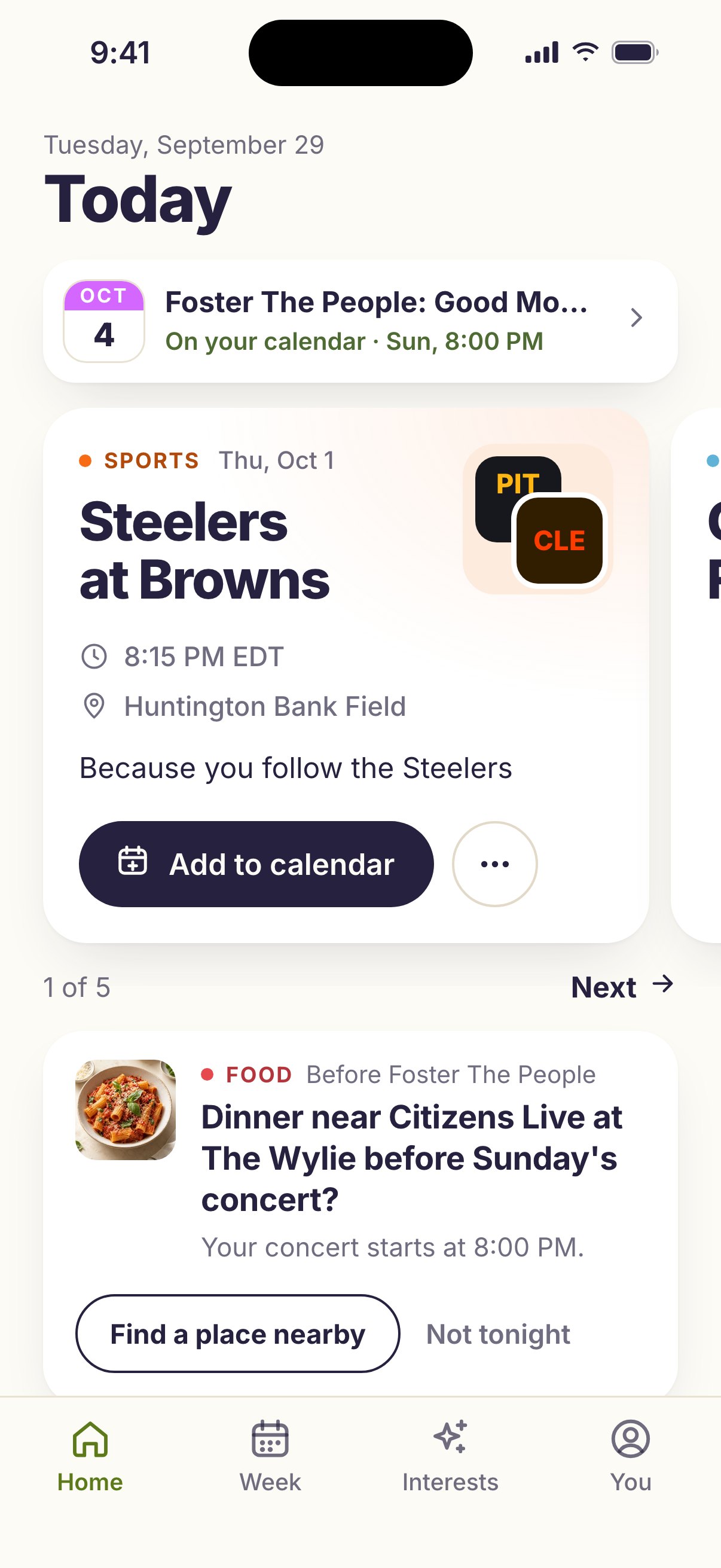 intori Today: Sunday's concert already on the calendar, Thursday's Steelers game ready to add in one tap, and an offer to find dinner near the venue before the concert