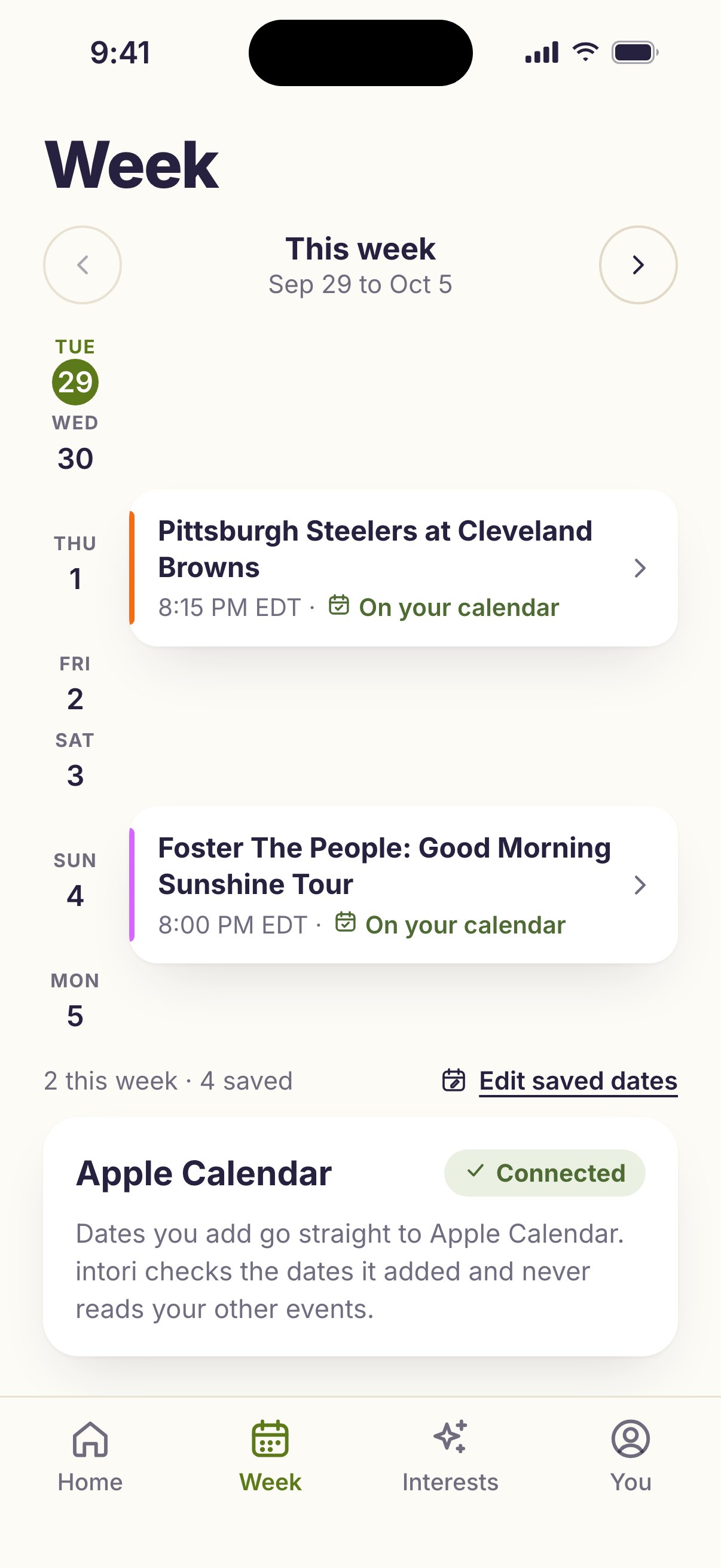 intori Week for September 29 to October 5: the Steelers game on Thursday and a concert on Sunday, both on your calendar, with Apple Calendar connected