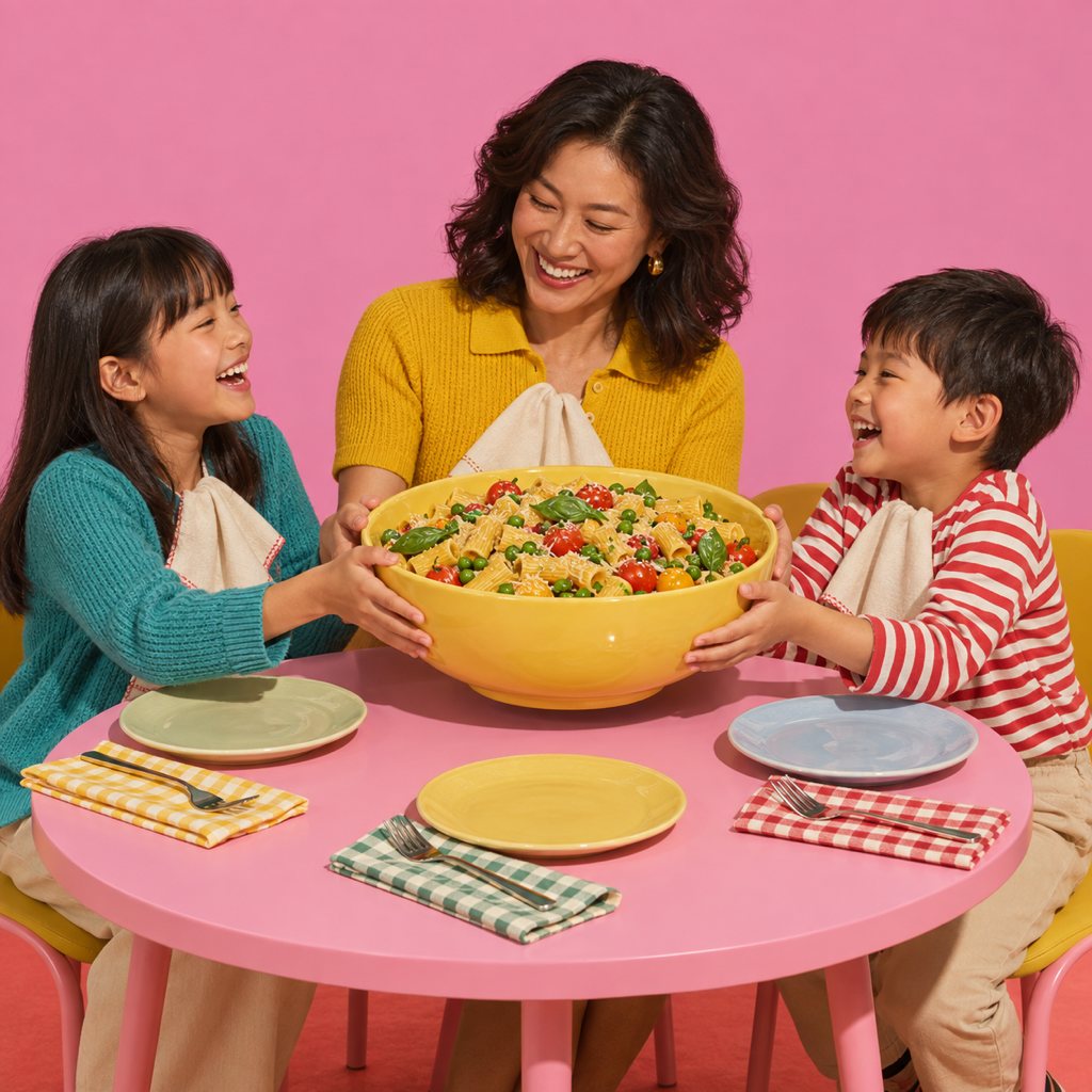 A mother and two children passing a big bowl of pasta around a pink table