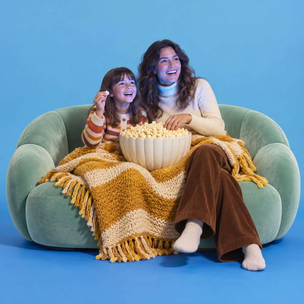 A mother and daughter sharing a blanket and a giant bowl of popcorn on a mint sofa