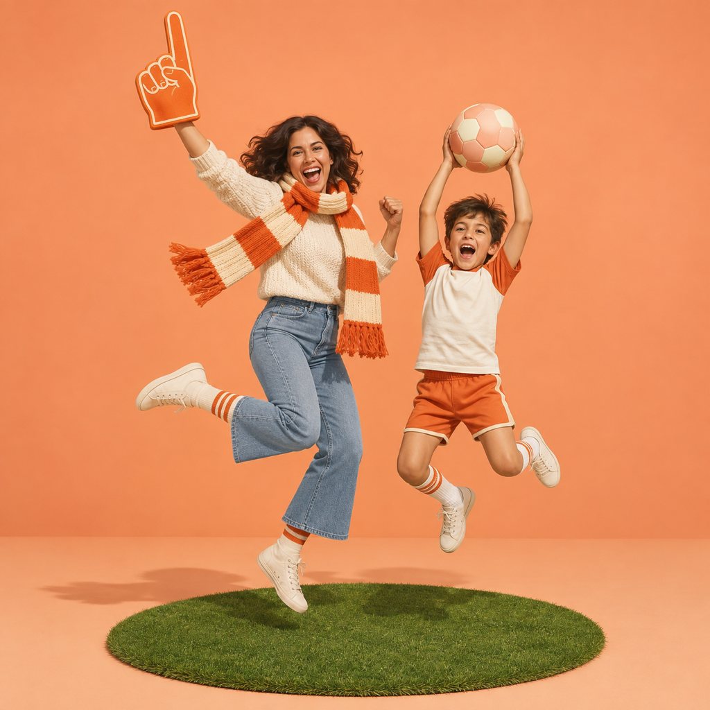 A mother and her son leaping with a foam finger and a ball against an orange backdrop